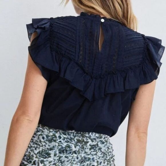 EUC Veronica Beard Tamsyn High Neck Ruffled Crochet Lace Top Blouse Black Size 4 - Picture 6 of 7